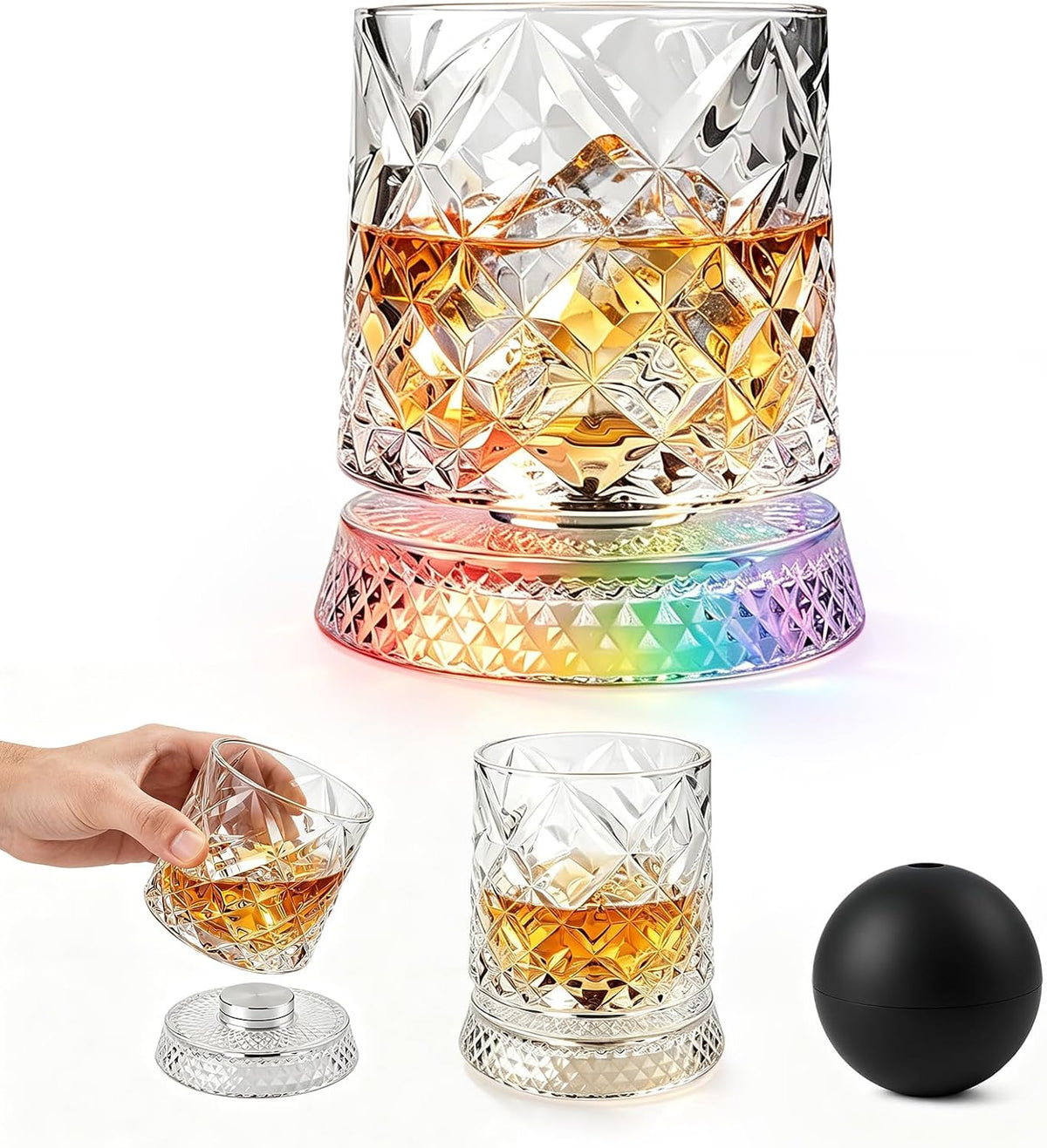 Um 360° drehbares Whiskyglas auf einem LED-Untersetzer mit sieben Farben